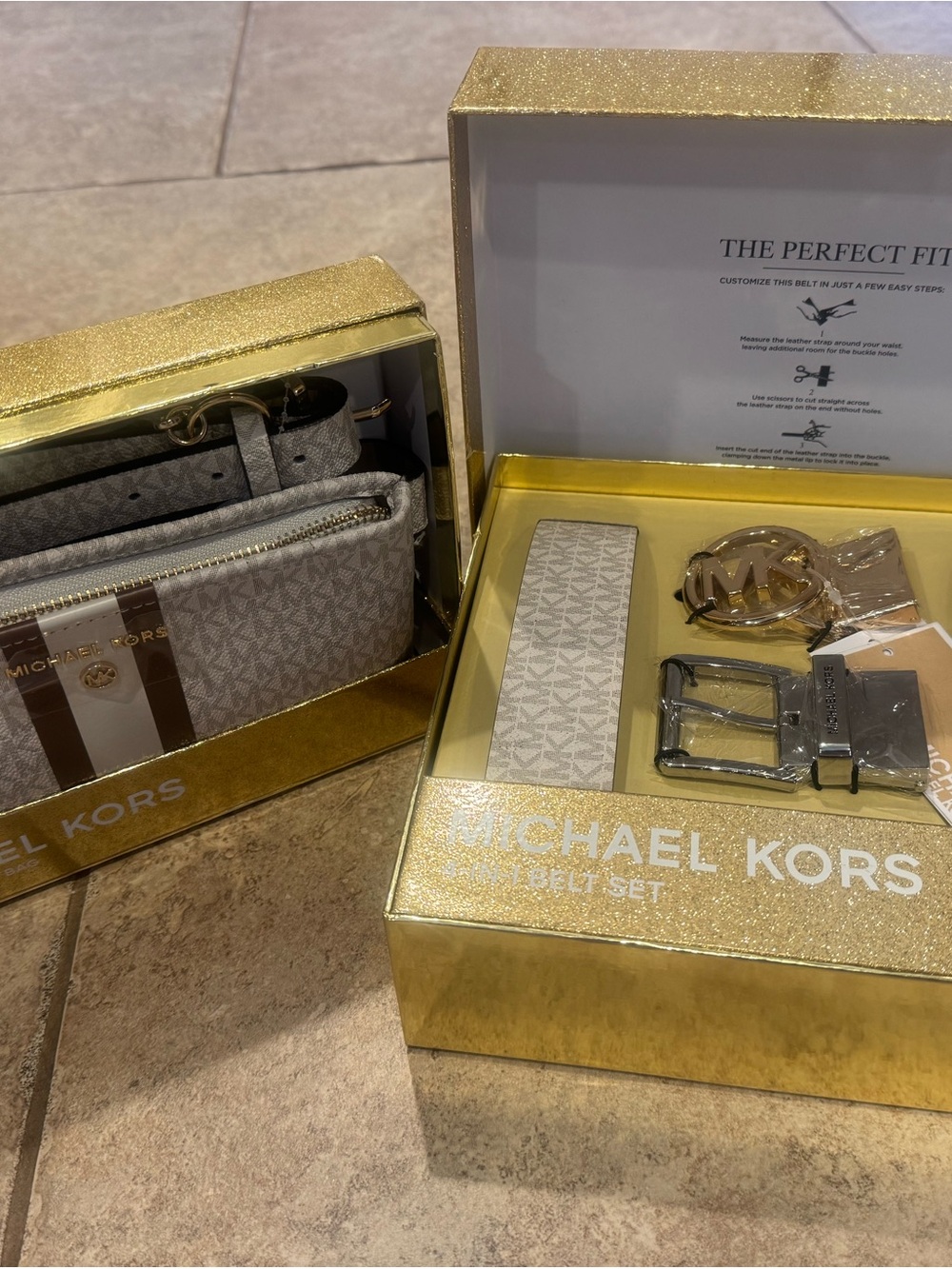 Michael Kors Beige , Brown and Gold Belt Bag and matching Belt Set